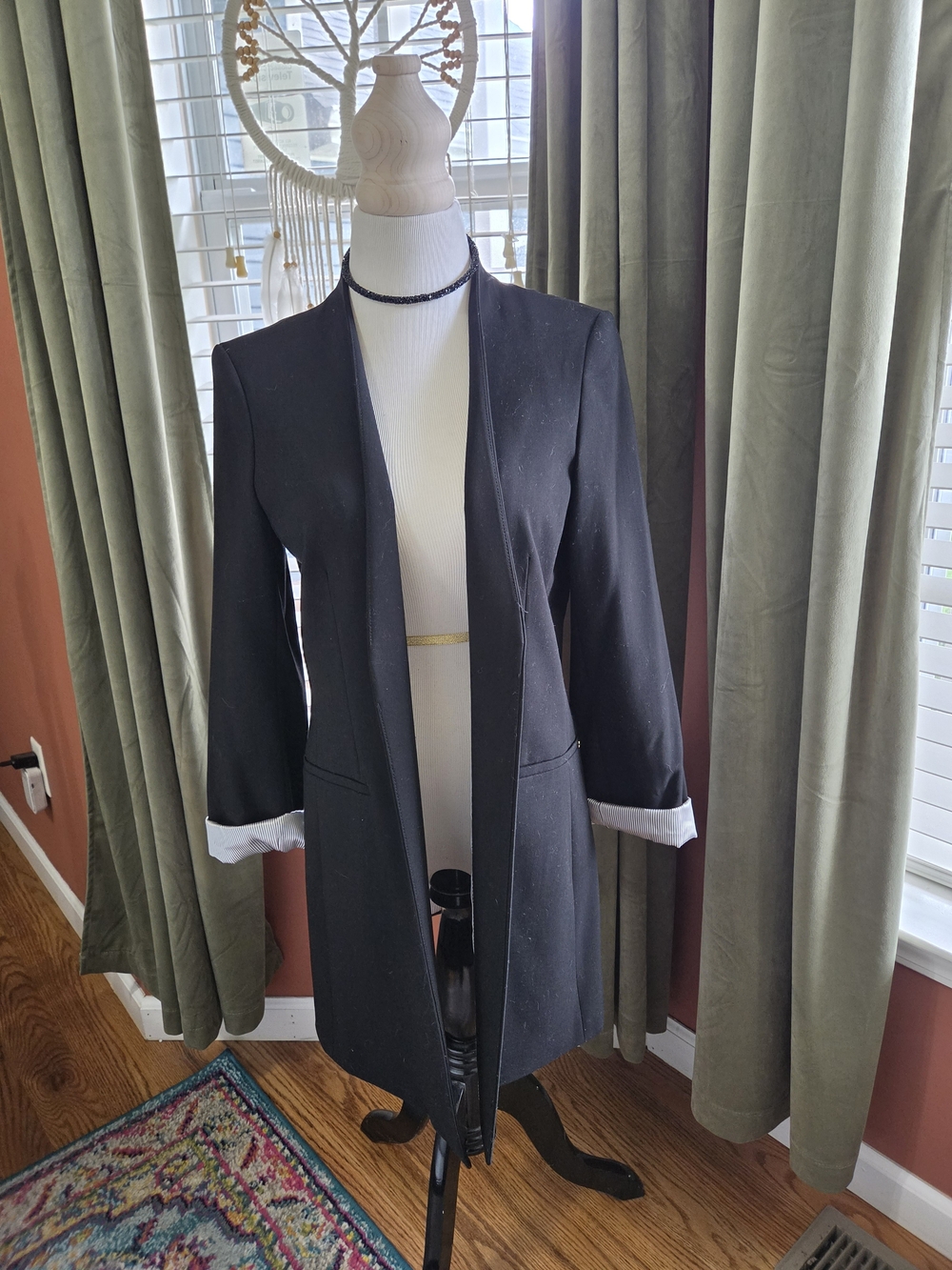 Calvin Klein Black Open-Front Longline Blazer with White/black Satin Cuff Detail